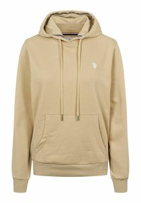 Beige hettegenser i myk bomull med lommer foran, snor og liten brodert logo på brystet. Ribbestrikkede mansjetter og nederkant.