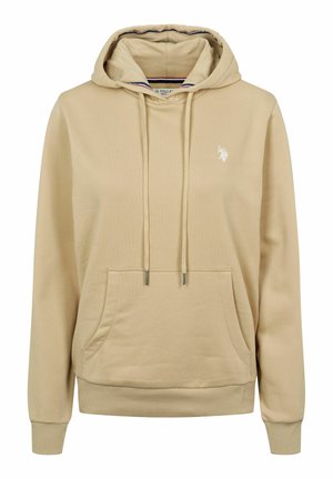 Beige hettegenser i myk bomull med lommer foran, snor og liten brodert logo på brystet. Ribbestrikkede mansjetter og nederkant.