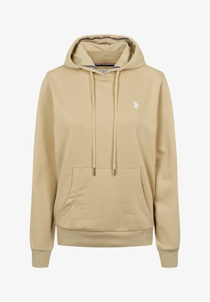 Béžová mikina z měkké bavlny s přední kapsou, šňůrkami a malým vyšitým logem na hrudi. Žebrované manžety a lem.