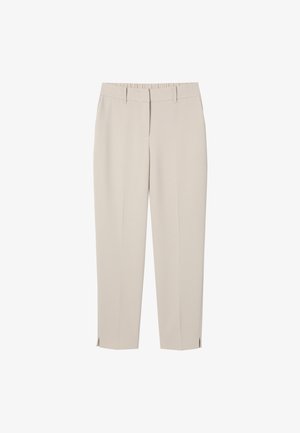 Bež hlače ravnog kroja s petljama za remen, bočnim džepovima i malim prorezima na rubu, dizajnirane za krojeni fit.
