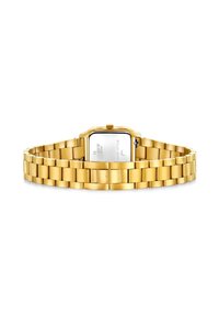 Montre-bracelet en métal doré avec un boîtier rectangulaire, un bracelet à maillons et une finition lisse. Le dos affiche le nom de la marque et les détails techniques.