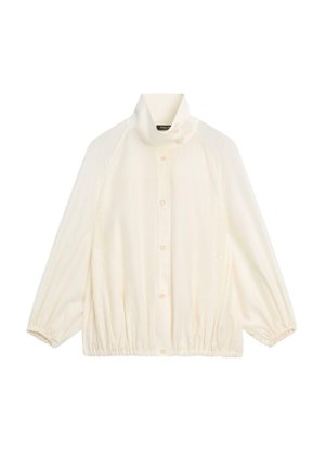 Roomkleurig jasje met lange mouwen, hoge kraag, knoopsluiting aan de voorkant, elastische manchetten en een elastische zoom met plooien.