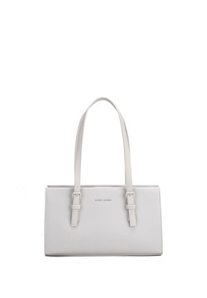 Borsa a mano rettangolare bianca in pelle con doppie tracolle e sottile logo del marchio al centro davanti.