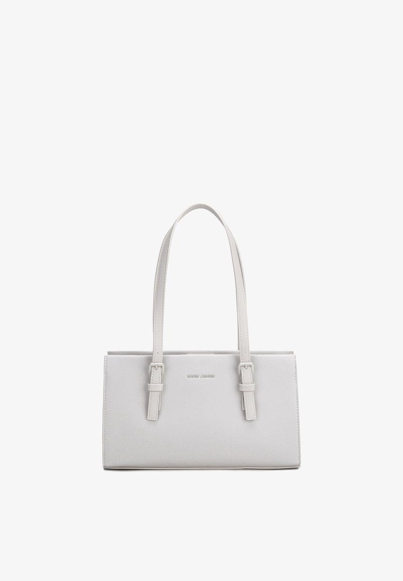 Sac à main rectangulaire en cuir blanc avec doubles anses épaule et logo subtil de la marque au centre avant.