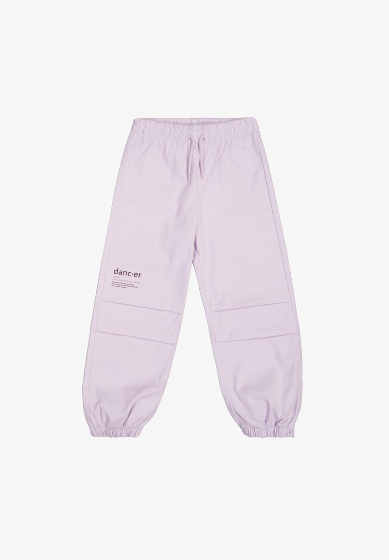 Lavendel joggerbroeken met elastische tailleband en boorden, voorzien van zijzakken en bedrukte tekst op de linker bovenbeen. Gladde stofstructuur.