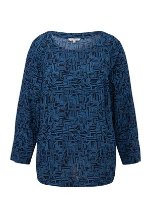 Blusa a maniche lunghe blu con motivo, dotata di scollo a girocollo, caratterizzata da linee astratte su uno sfondo scuro. Tessuto leggero con una vestibilità comoda.
