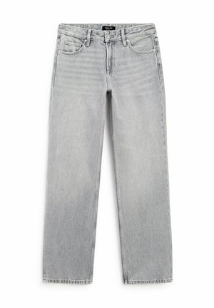 Light grey straight-leg jeans made of denim, featuring a classic five-pocket design, subtle fading, and a zip fly with a button closure.