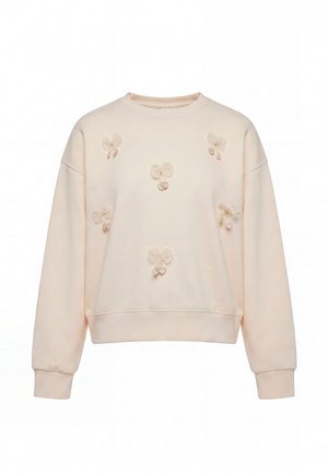 Lyserød sweatshirt med lange ærmer, dekoreret med små 3D blomsterapplikationer og pastelfarvede hjerter foran.