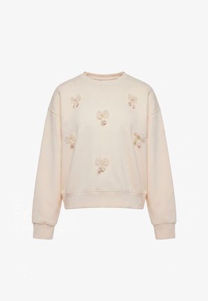 Lyserød sweatshirt med lange ærmer, dekoreret med små 3D blomsterapplikationer og pastelfarvede hjerter foran.