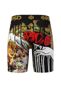 Sorte og flerfargede boxershorts med en gullfarget midjebånd, kunstneriske design, abstrakte mønstre og malingsdråpeeffekter.