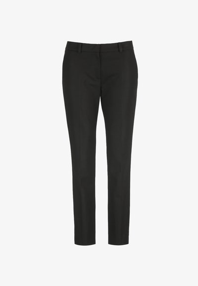 Black slim-fit dress pants with belt loops, front zipper, and smooth fabric, displayed on a white background.