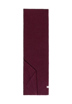 Long rectangular dark purple knit scarf with a small white brand tag on one end, folded slightly at the bottom corner.