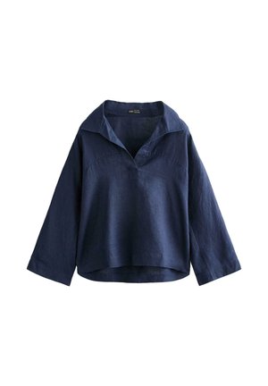 Bluza cu mâneci lungi de culoare albastru marin, cu un guler lat, decolteu în V și tiv ușor curbat, prezentată pe un fundal alb.