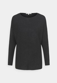Maglione lungo a maniche lunghe nero a coste con scollatura rotonda ampia e vestibilità rilassata. Texture liscia, senza hardware o dettagli visibili.