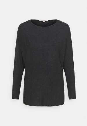 Maglione lungo a maniche lunghe nero a coste con scollatura rotonda ampia e vestibilità rilassata. Texture liscia, senza hardware o dettagli visibili.
