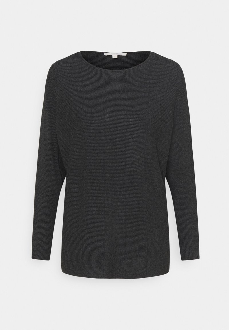 Maglione lungo a maniche lunghe nero a coste con scollatura rotonda ampia e vestibilità rilassata. Texture liscia, senza hardware o dettagli visibili.