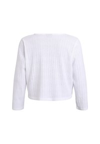 Maglione corto bianco a maglia con maniche lunghe, caratterizzato da un motivo testurizzato e un design a trama aperta. Semplice scollatura rotonda e dettagli sul retro.