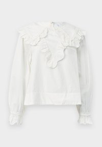 Camicia bianca a maniche lunghe con un ampio colletto arricciato e polsini arricciati, caratterizzata da un collo a V e un tessuto morbido e texturizzato.
