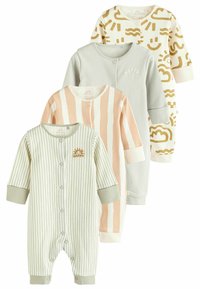 Four baby rompers in varying designs: striped green, blush with stripes, solid light green, and ivory with gold abstract patterns. Soft cotton material.