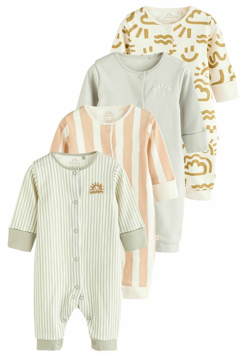 Four baby rompers in varying designs: striped green, blush with stripes, solid light green, and ivory with gold abstract patterns. Soft cotton material.