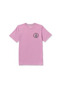 Pink cotton t-shirt with short sleeves, featuring a black circular logo on the left chest and a striped interior neckline.