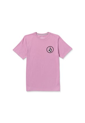 Pink cotton t-shirt with short sleeves, featuring a black circular logo on the left chest and a striped interior neckline.