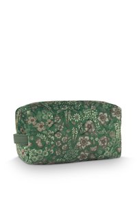 Rectangular quilted fabric pouch with green floral print, zipper closure, and small side handle, angled on white background.