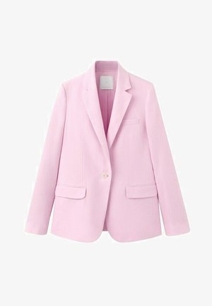 Svetloružové sako na jedno zapínanie s vrúbkovaným reverom, dvoma prednými vreckami s klapkou a náprsným vreckom, zobrazené na bielom pozadí.