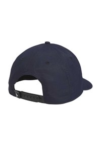 Mørkeblå kasket med en tekstureret stof, buet skygge, justerbar plastikrem bagpå og en logoaccent på remmen.