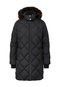 Cappotto puffer nero con un motivo a rombi, cappuccio staccabile con rifiniture in pelliccia e polsini a coste. Chiusura frontale con zip.