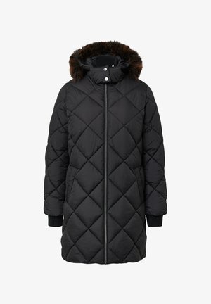 Zwarte pufferjas met een ruitvormig quiltpatroon, een afneembare capuchon met bontafwerking en ribgebreide manchetten. Voorzien van een rits aan de voorkant.