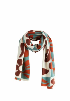 Multicolored scarf made of soft fabric featuring abstract red, orange, and teal patterns on a cream background. Lightweight with a smooth texture.