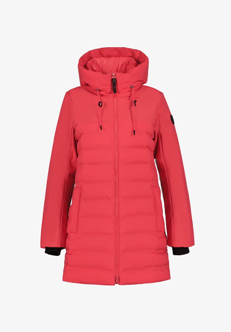 Red padded jacket with a high neck hood, black accents, front zipper, and side pockets. Durable, water-resistant material.