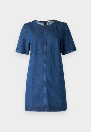 Jeanskleid in Dunkelblau, kurze Ärmel, runder Ausschnitt, knielang, mit sichtbaren Nähten und Reißverschluss hinten.