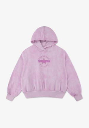 Jasnofioletowa bluza z kapturem w stylu tie-dye z nadrukiem z przodu z logo Converse All Star oraz ściągaczami na mankietach i u dołu.
