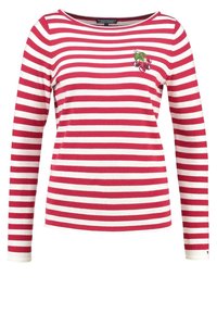 Rød- og hvidstribet langærmet bluse med rund halsudskæring. Har et broderet design på brystet og et blødt, tekstureret stof.