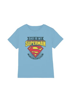 Light blue T-shirt with yellow and red Superman logo and text saying "Dad is my Superman, my hero since forever."