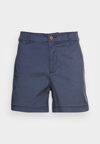 Navy blue shorts made from lightweight fabric, featuring a button closure, belt loops, and clean stitching around the hem.