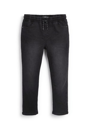 Zwarte slim-fit broek met elastische tailleband en trekkoord, voorzakken en subtiele vervaagde details.