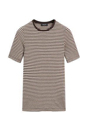 Maglietta a maniche corte con scollo rotondo, caratterizzata da sottili righe orizzontali nere e beige, realizzata in morbido tessuto jersey.