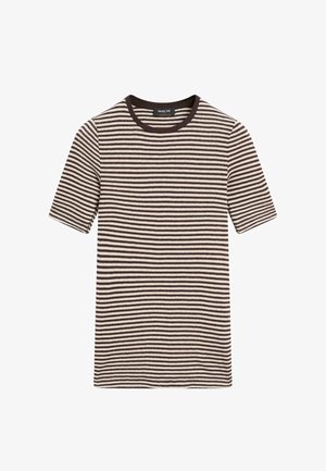 Tričko s krátkým rukávem a kulatým výstřihem, s tenkými vodorovnými černými a béžovými pruhy, vyrobené z měkké pleteniny.