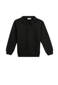 Zwarte langemouwen polo shirt van katoen, met een klassieke kraag, drie-knopen knoopsluiting en geribde manchetten. Gladde textuur en minimalistisch ontwerp.