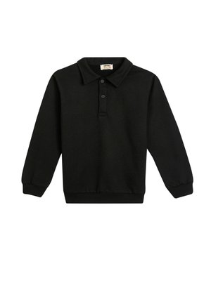Polo a maniche lunghe nero realizzato in cotone, con colletto classico, patta con tre bottoni e polsini a coste. Texture morbida e design minimalista.
