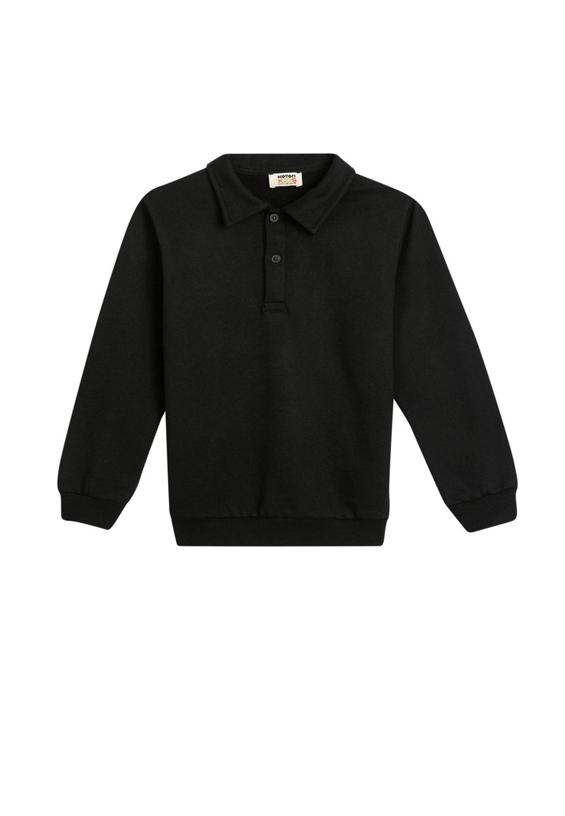 Zwarte langemouwen polo shirt van katoen, met een klassieke kraag, drie-knopen knoopsluiting en geribde manchetten. Gladde textuur en minimalistisch ontwerp.
