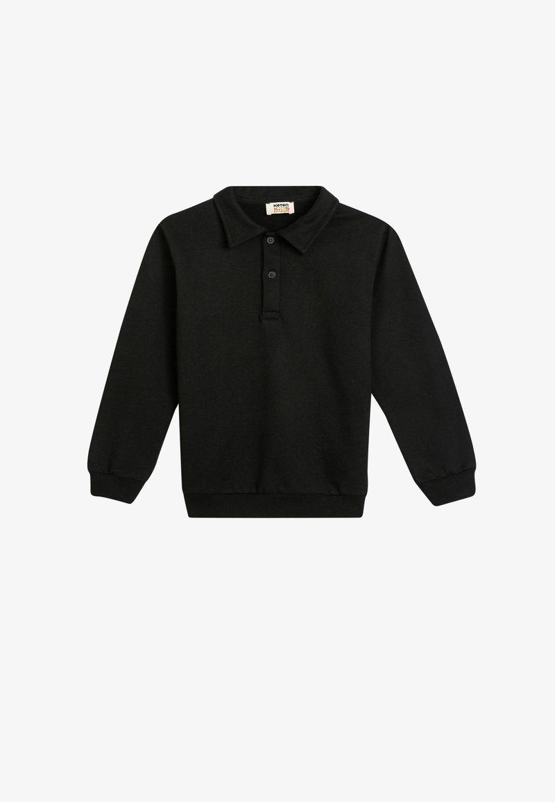 Schwarzes langärmliges Poloshirt aus Baumwolle mit klassischem Kragen, einer Drei-Knopf-Leiste und gerippten Bündchen. Glatte Textur und minimalistisches Design.