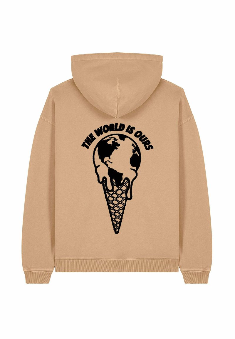 Felpa beige con un design grafico di un globo che si scioglie sopra un cono. Il testo sopra recita "IL MONDO È NOSTRO" in bold lettere nere.