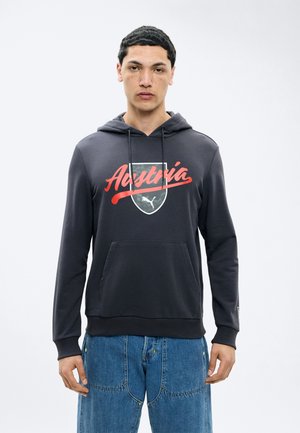 Νέος άνδρας με κοντά σκούρα μαλλιά, φοράει σκούρο φούτερ με κουκούλα που φέρει το λογότυπο "Austria" και Puma, συνδυασμένο με μπλε τζιν, στέκεται μπροστά σε απλό φόντο.