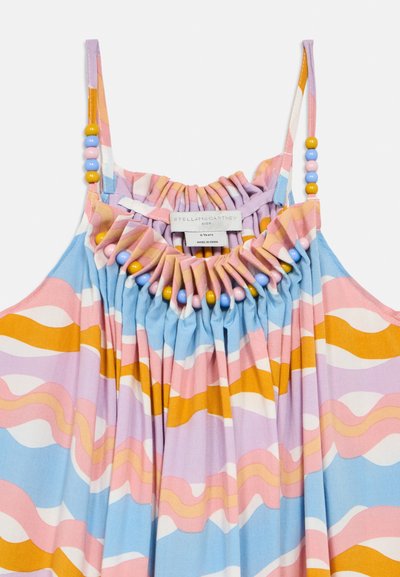 Μπλουζοφόρεμα χωρίς μανίκια σε παστέλ αποχρώσεις με κυματιστό σχέδιο· στρογγυλή λαιμόκοψη με πολύχρωμες χάντρες· φτιαγμένο από ελαφρύ ύφασμα. Είναι ορατή η ετικέτα της μάρκας.