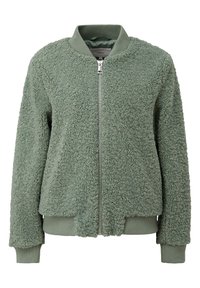 Veste en polaire sherpa verte avec col, poignets et ourlet côtelés, dotée d'une fermeture éclair argentée à l'avant.