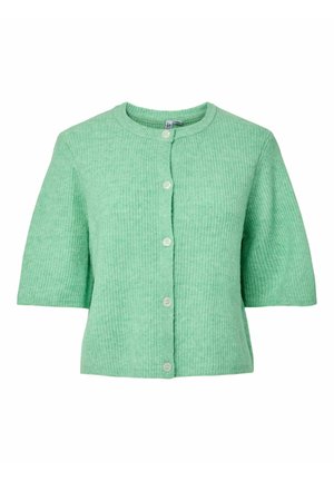 Cardigan en tricot vert clair à manches courtes avec encolure ronde et fermeture  à boutons sur le devant.